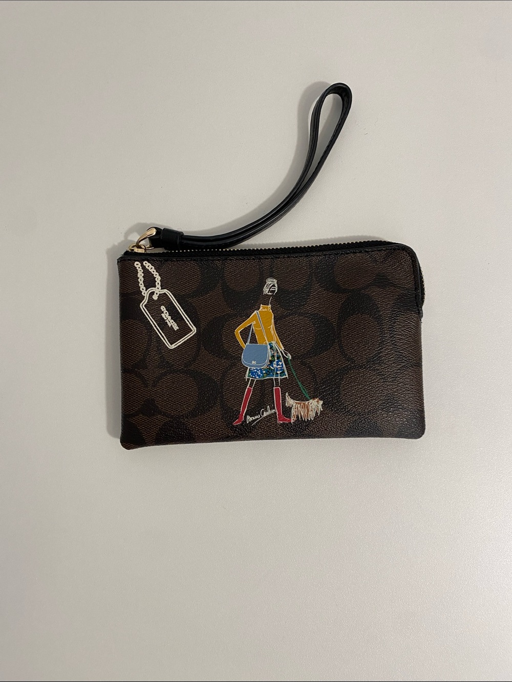 Coach Brown Signature Wristlet with Illustrated Shopper Motif
